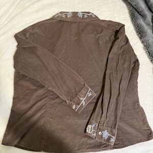 J Jill Corduroy Button Shirt Brown w/ Multicolor Floral Embroidery XL.